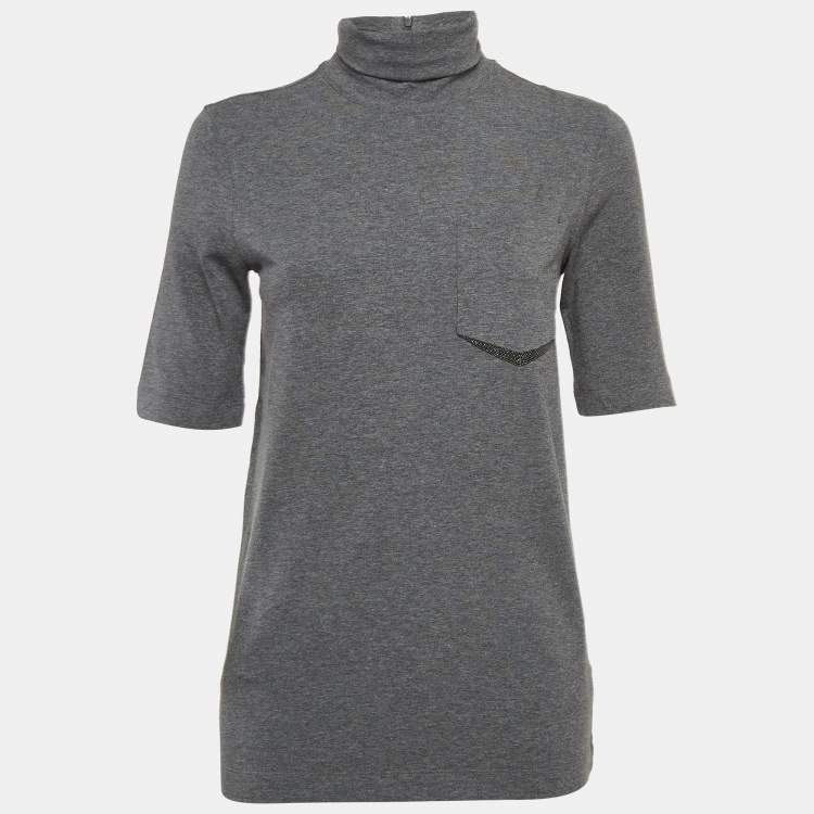 Pre Owned Brunello Cucinelli Grey Cotton Pocket Detail Turtleneck Top M