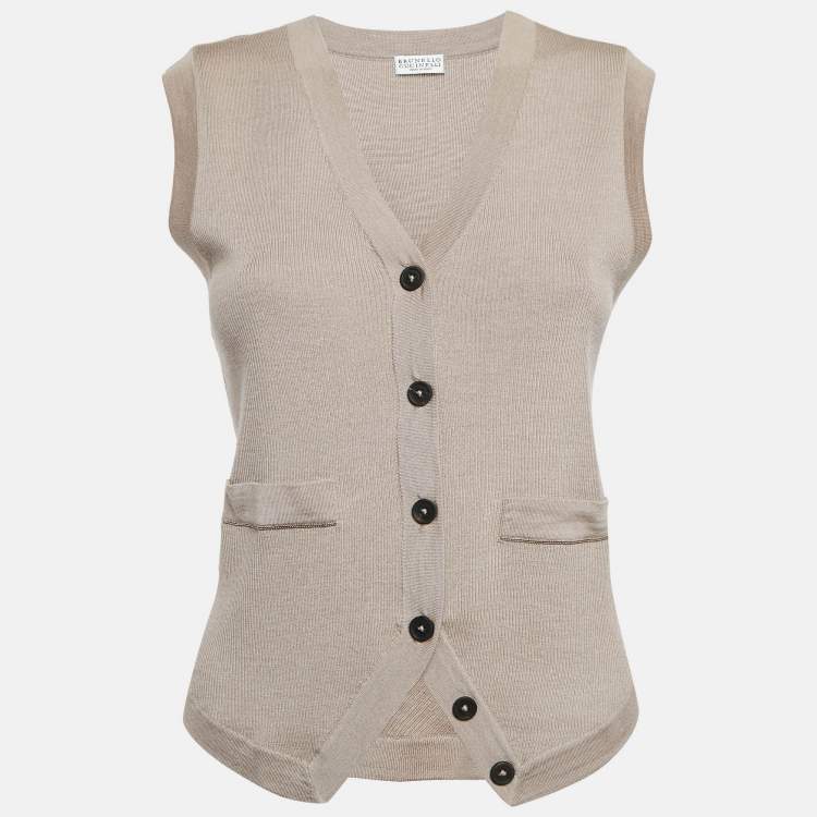 Pre Owned Brunello Cucinelli Beige Rib Knit Button Front Cardigan XS