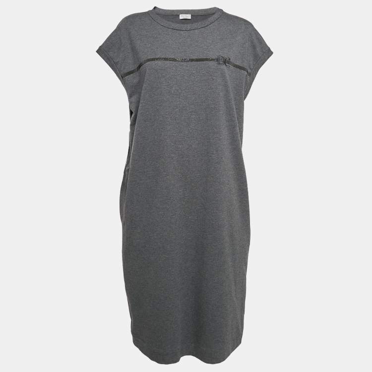 Pre Owned Brunello Cucinelli Grey Logo Embroidered Cotton Sleeveless Short Dress XXL