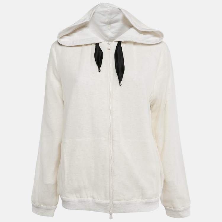 Pre Owned Brunello Cucinelli Cream Silk and Jersey Zip-Up Hoodie L