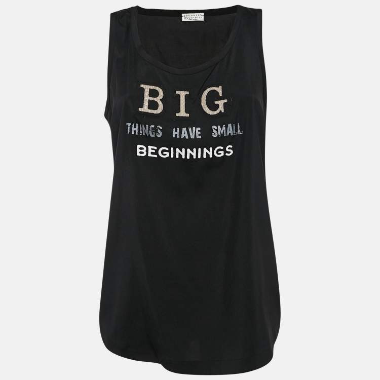 Pre Owned Brunello Cucinelli Black Printed Silk Monili Bead Detail Tank Top M