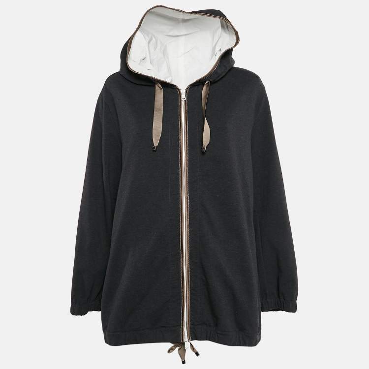 Pre Owned Brunello Cucinelli Dark Grey Cotton Knit Monili Bead Detail Hoodie M