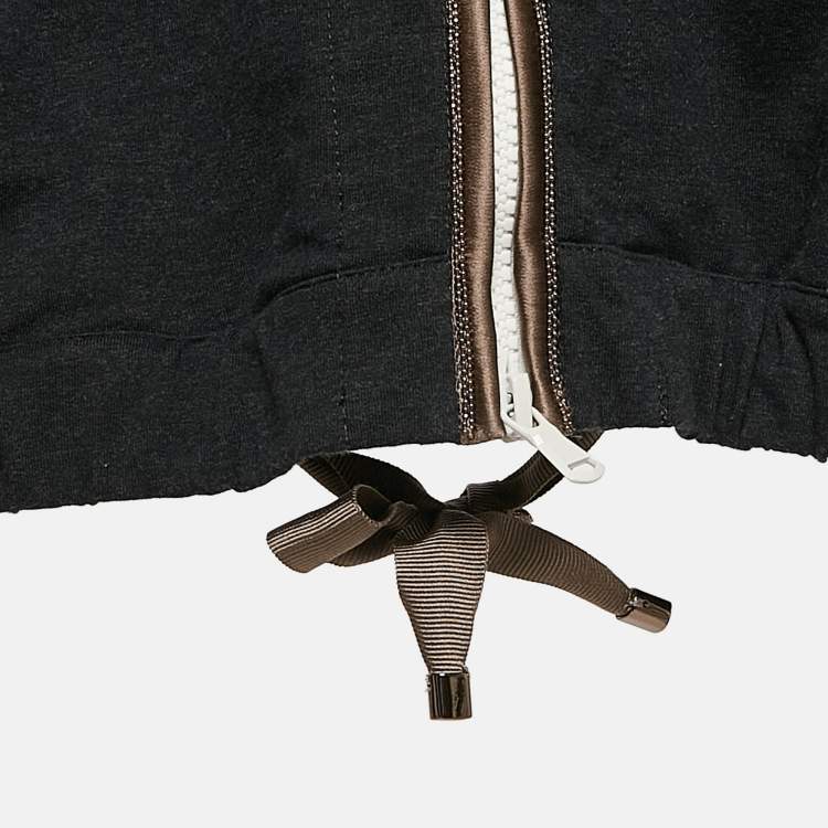 Pre Owned Brunello Cucinelli Dark Grey Cotton Knit Monili Bead Detail Hoodie M