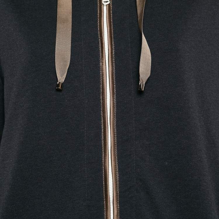 Pre Owned Brunello Cucinelli Dark Grey Cotton Knit Monili Bead Detail Hoodie M