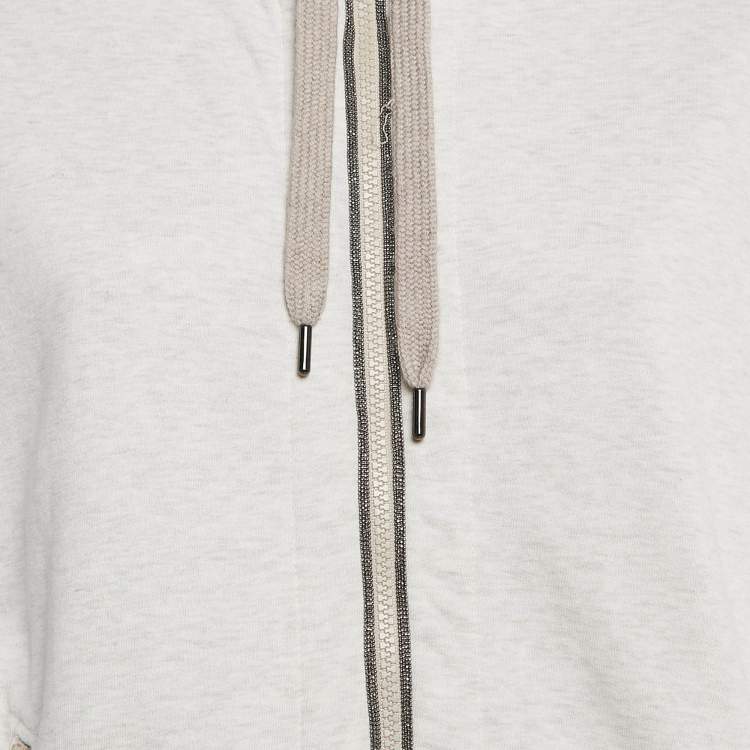 Pre Owned Brunello Cucinelli Grey Monili-Embellished Cotton Knit Hooded Sweatshirt M