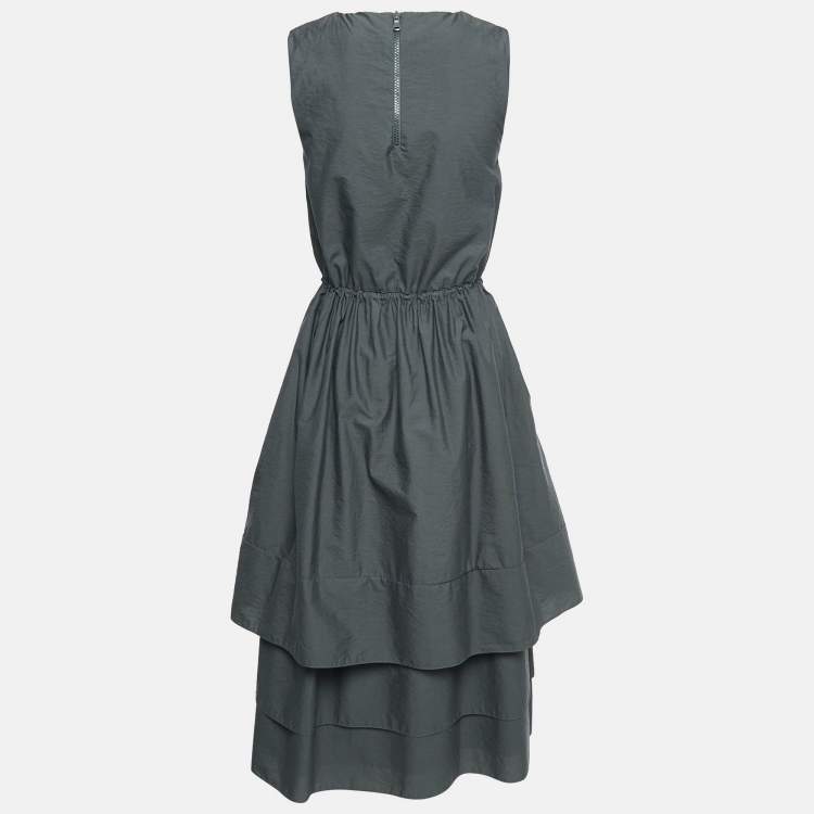 Pre Owned Brunello Cucinelli Grey Cotton Blend Drawstring Tiered Midi Dress M