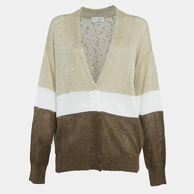 Pre Owned Brunello Cucinelli Brown Sequin Knit  Buttoned Cardigan M