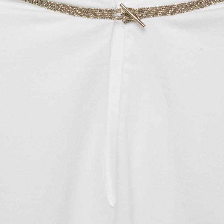 Pre Owned Brunello Cucinelli White Monili Neck Detail Cotton Roll-Up Sleeve T-Shirt M
