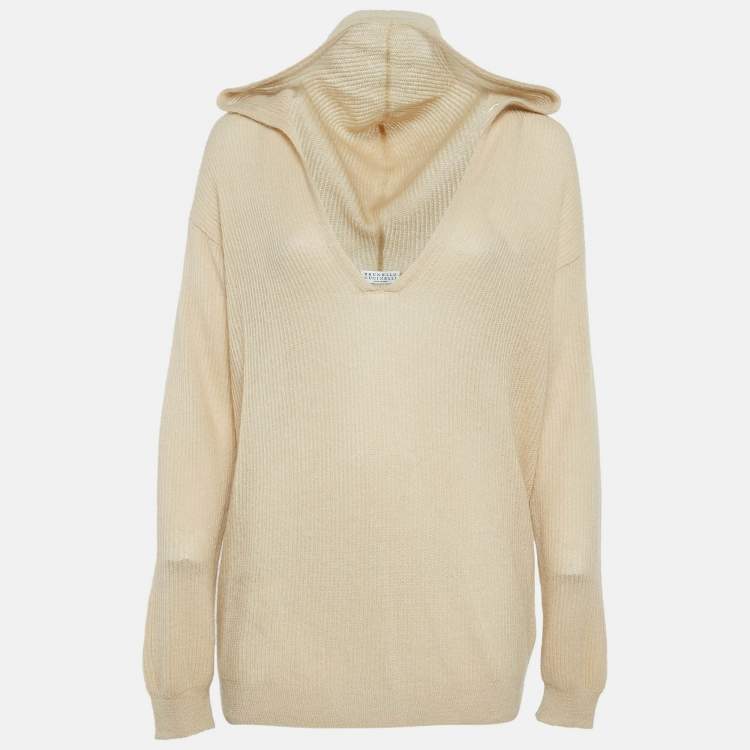 Pre Owned Brunello Cucinelli Beige Rib Knit Hooded Sweater L