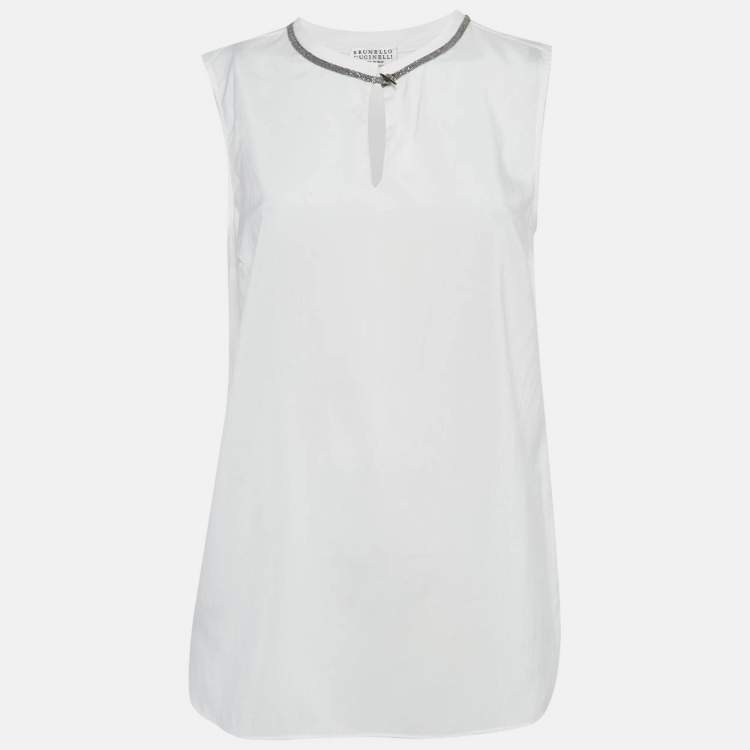 Pre Owned Brunello Cucinelli White Monili Neck Detail Silk Sleeveless Top M