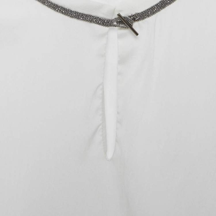 Pre Owned Brunello Cucinelli White Monili Neck Detail Silk Sleeveless Top M
