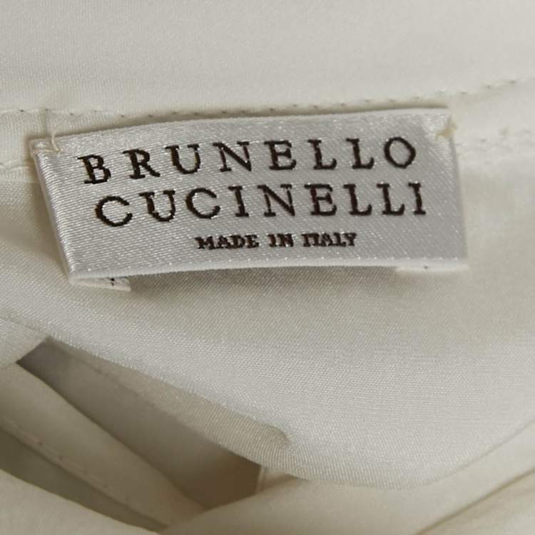 Pre Owned Brunello Cucinelli White Monili Neck Detail Silk Sleeveless Top M