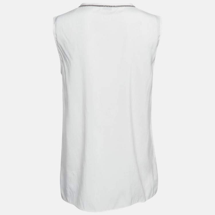 Pre Owned Brunello Cucinelli White Monili Neck Detail Silk Sleeveless Top M