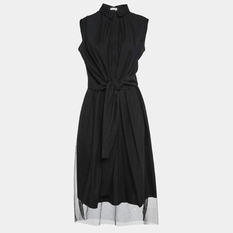 Pre Owned Brunello Cucinelli Black Tulle Waist Tie-Up Detail Midi Dress L