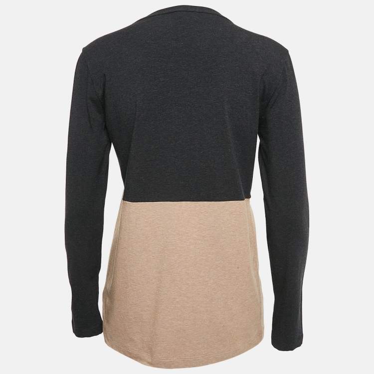 Pre Owned Brunello Cucinelli Grey/Beige Monili Detail Cotton Long Sleeve T-Shirt XL