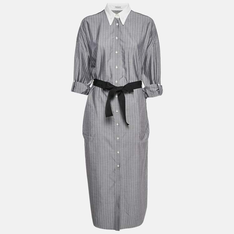 Pre Owned Brunello Cucinelli Grey Stripe Cotton Button Front Midi Dress L