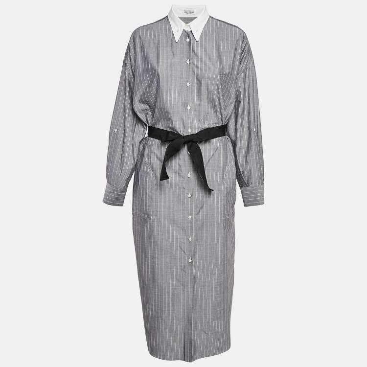 Pre Owned Brunello Cucinelli Grey Stripe Cotton Button Front Midi Dress L
