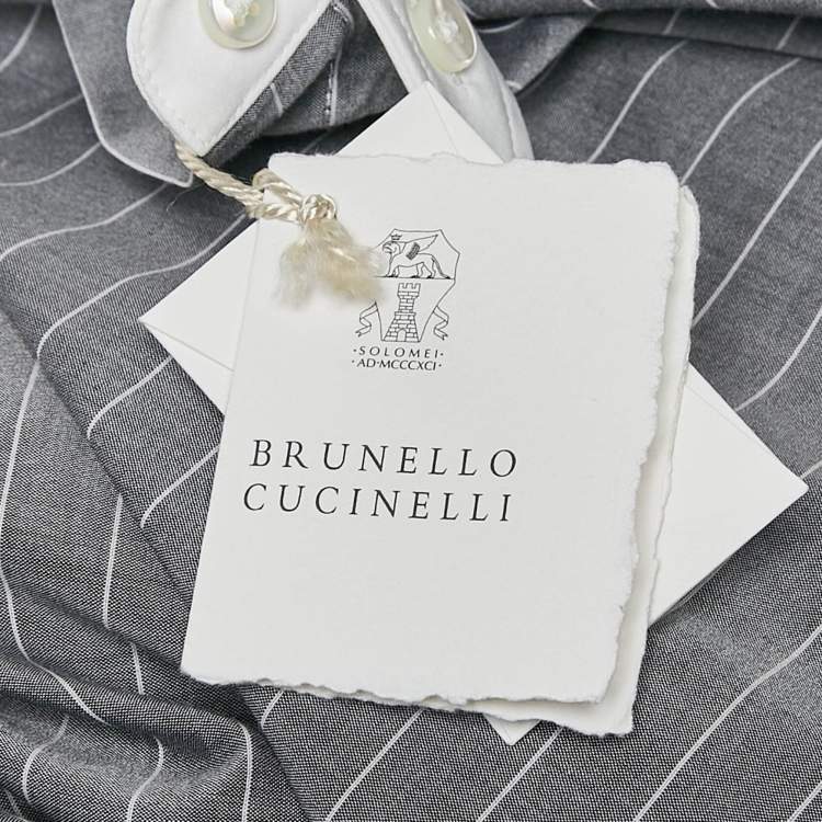Pre Owned Brunello Cucinelli Grey Stripe Cotton Button Front Midi Dress L