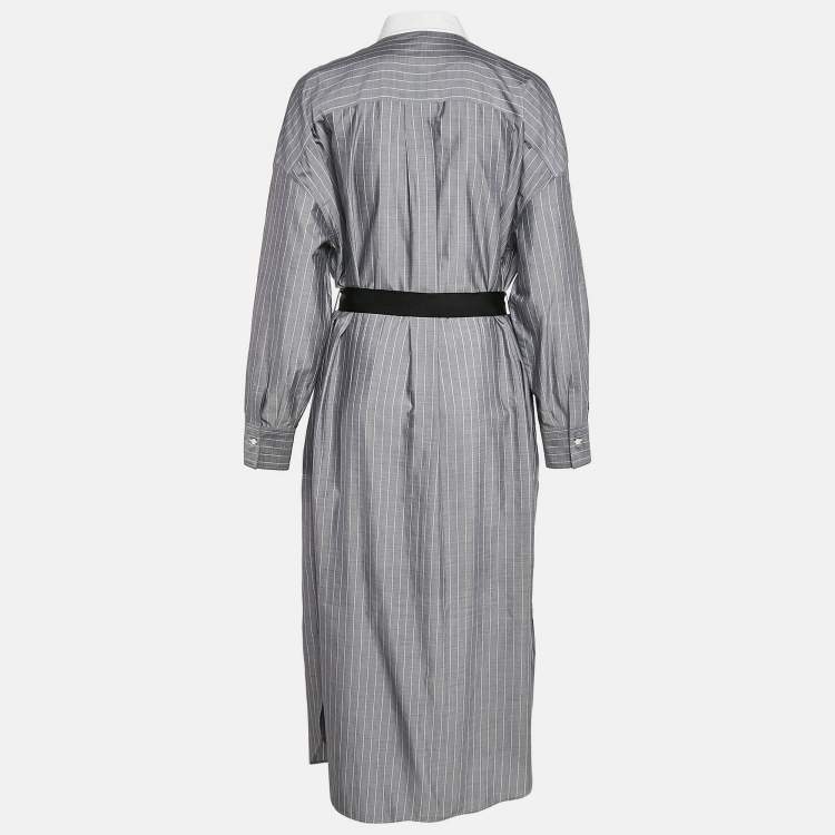 Pre Owned Brunello Cucinelli Grey Stripe Cotton Button Front Midi Dress L