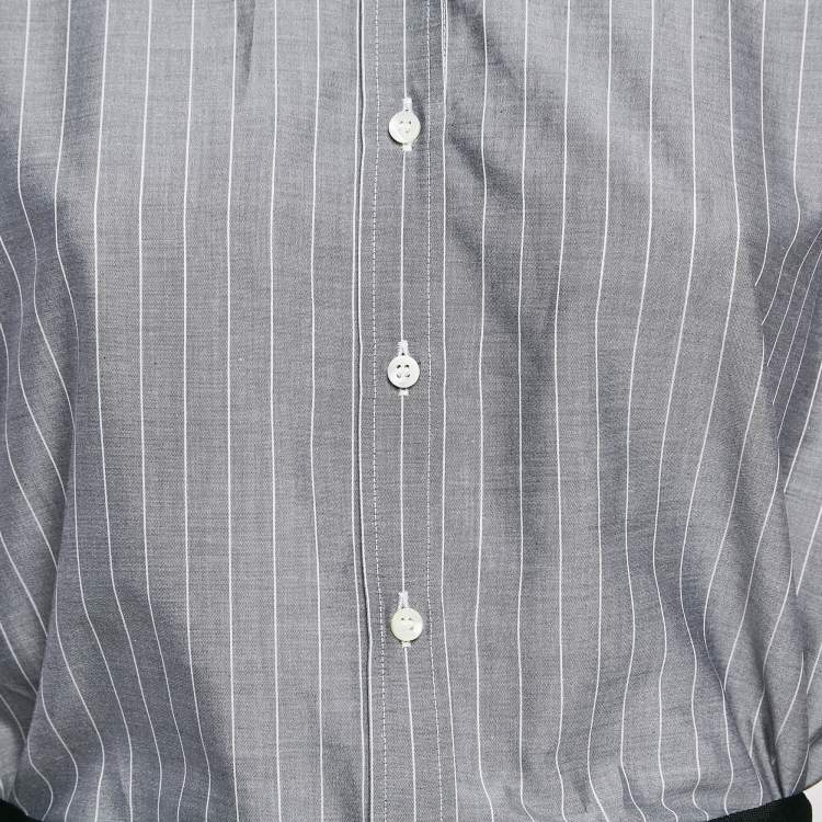 Pre Owned Brunello Cucinelli Grey Stripe Cotton Button Front Midi Dress L