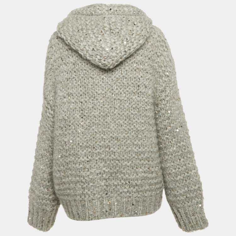 Pre Owned Brunello Cucinelli Grey Sequin Wool Zip-Up Cardigan M