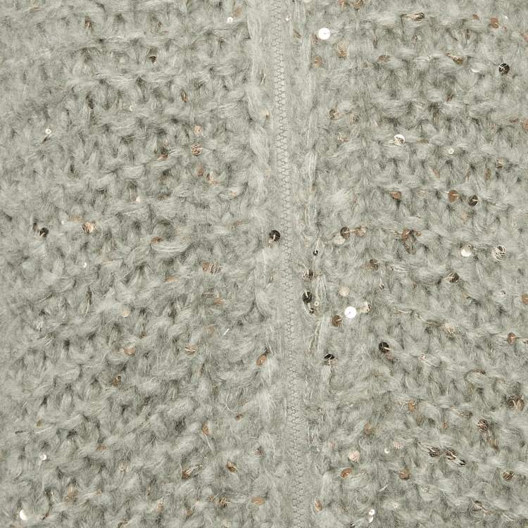 Pre Owned Brunello Cucinelli Grey Sequin Wool Zip-Up Cardigan M