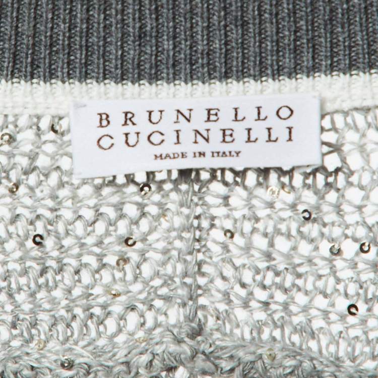 Pre Owned Brunello Cucinelli Grey Sequined Knit V-Neck Jumper S