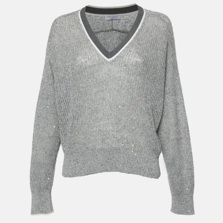 Pre Owned Brunello Cucinelli Grey Sequined Knit V-Neck Jumper S