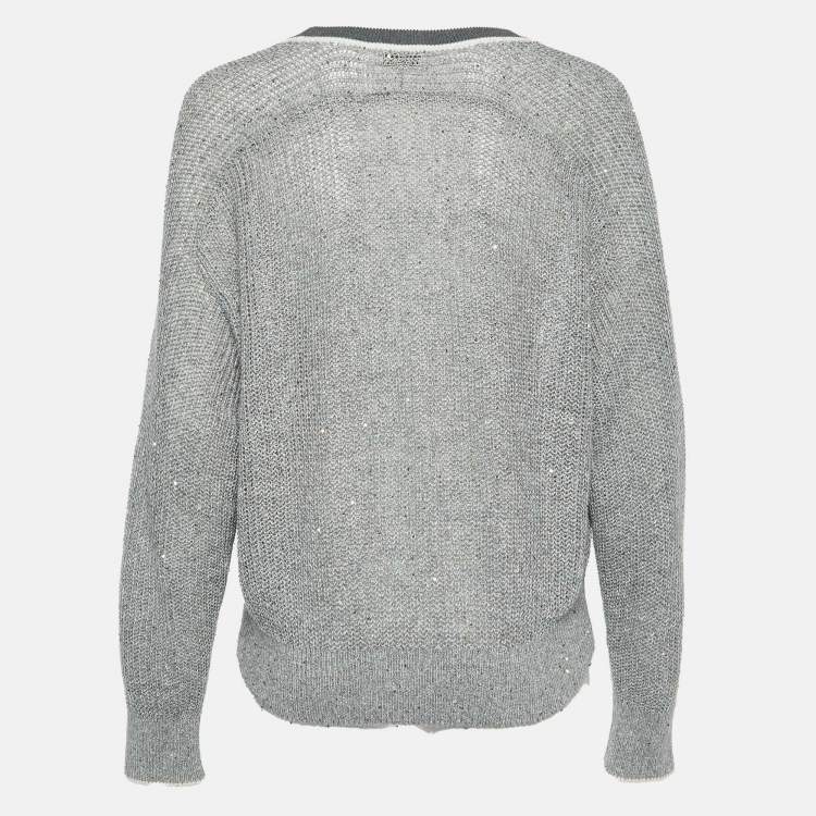 Pre Owned Brunello Cucinelli Grey Sequined Knit V-Neck Jumper S