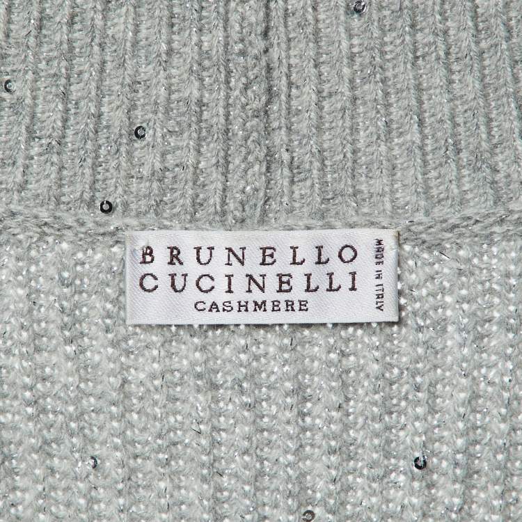 Pre Owned Brunello Cucinelli Grey Sequin Lurex Rib Knit Long Cardigan M