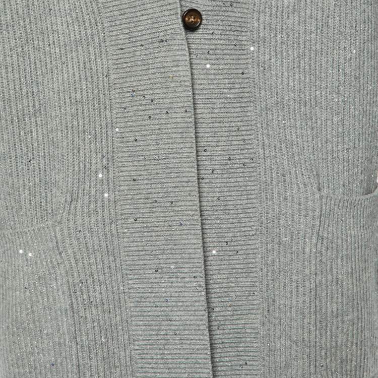 Pre Owned Brunello Cucinelli Grey Sequin Lurex Rib Knit Long Cardigan M