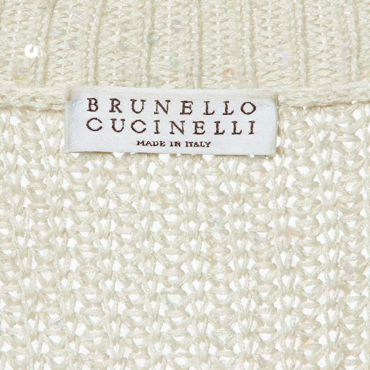 Pre Owned Brunello Cucinelli Beige Sequin Rib Knit V-Neck Sheer Sweater L