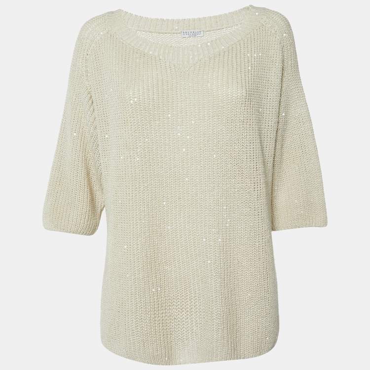 Pre Owned Brunello Cucinelli Beige Sequin Rib Knit V-Neck Sheer Sweater L