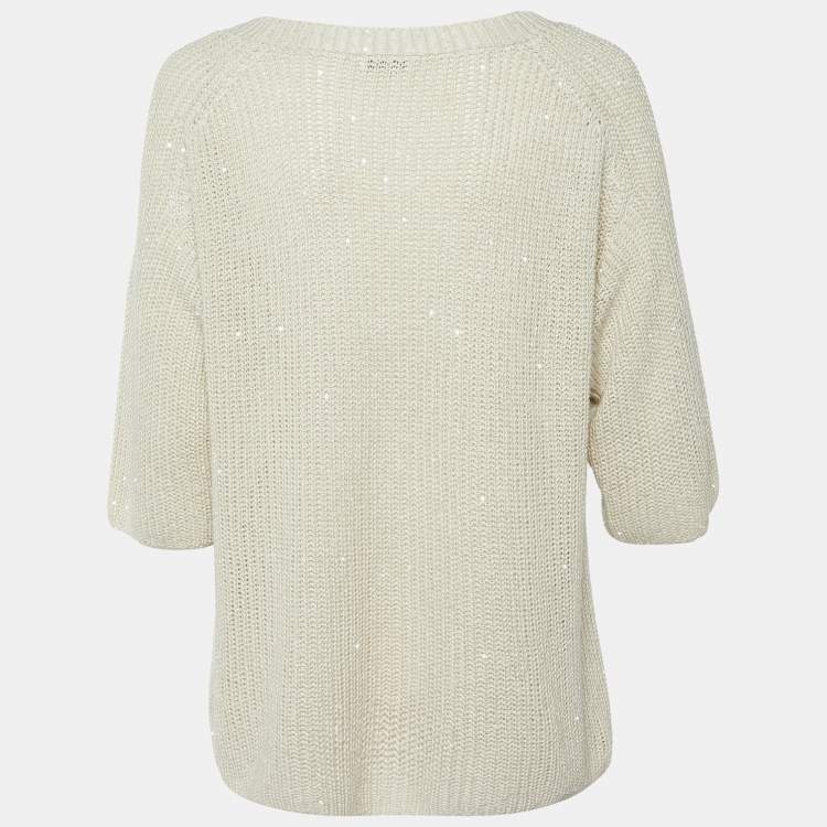 Pre Owned Brunello Cucinelli Beige Sequin Rib Knit V-Neck Sheer Sweater L