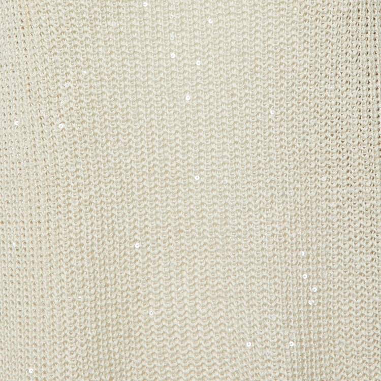 Pre Owned Brunello Cucinelli Beige Sequin Rib Knit V-Neck Sheer Sweater L