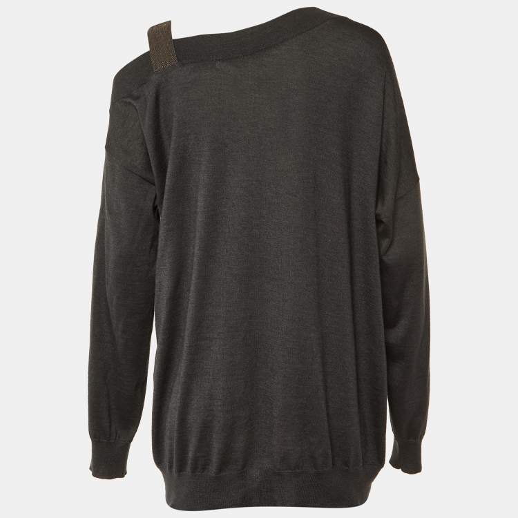 Pre Owned Brunello Cucinelli Grey Cashmere Monili Detail Off Shoulder Sweatshirt XXL