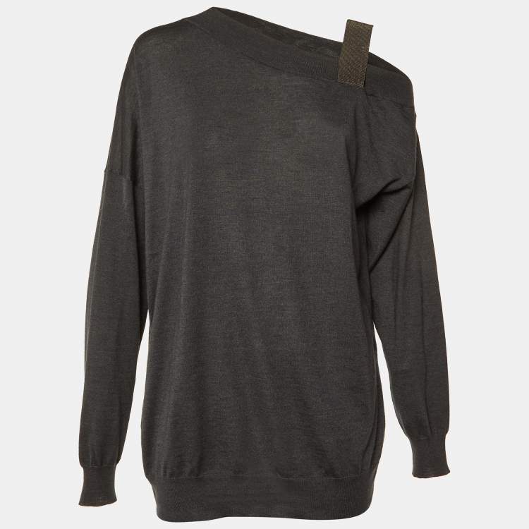 Pre Owned Brunello Cucinelli Grey Cashmere Monili Detail Off Shoulder Sweatshirt XXL