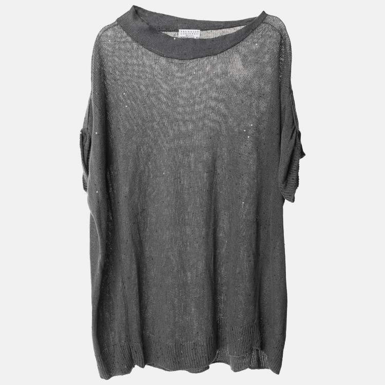 Pre Owned Brunello Cucinelli Grey Silk Knit Sequin Crew Neck Top M