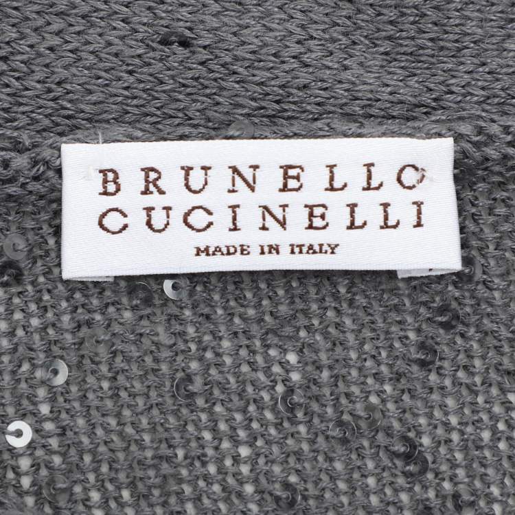 Pre Owned Brunello Cucinelli Grey Silk Knit Sequin Crew Neck Top M