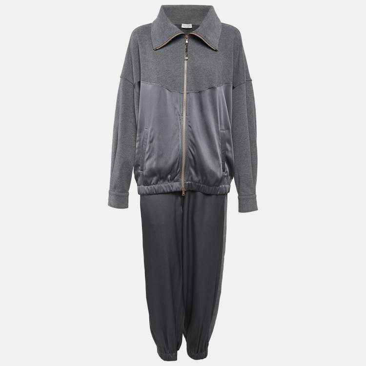 Pre Owned Brunello Cucinelli Grey Satin and Cotton Knit Jacket and Jogger Pants Set M