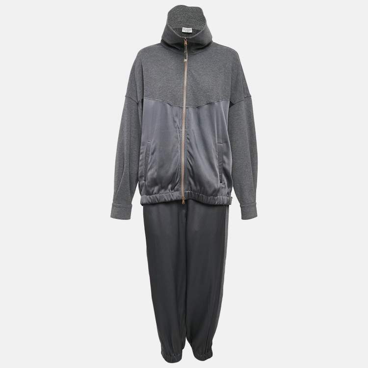 Pre Owned Brunello Cucinelli Grey Satin and Cotton Knit Jacket and Jogger Pants Set M