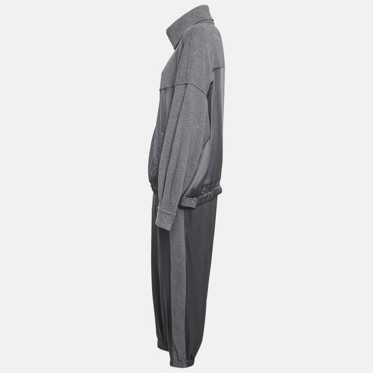Pre Owned Brunello Cucinelli Grey Satin and Cotton Knit Jacket and Jogger Pants Set M