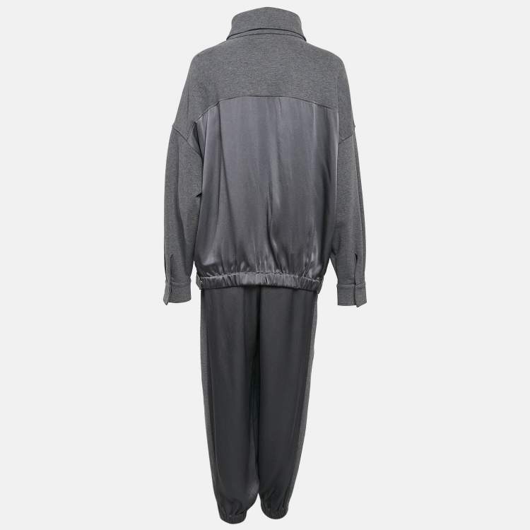 Pre Owned Brunello Cucinelli Grey Satin and Cotton Knit Jacket and Jogger Pants Set M