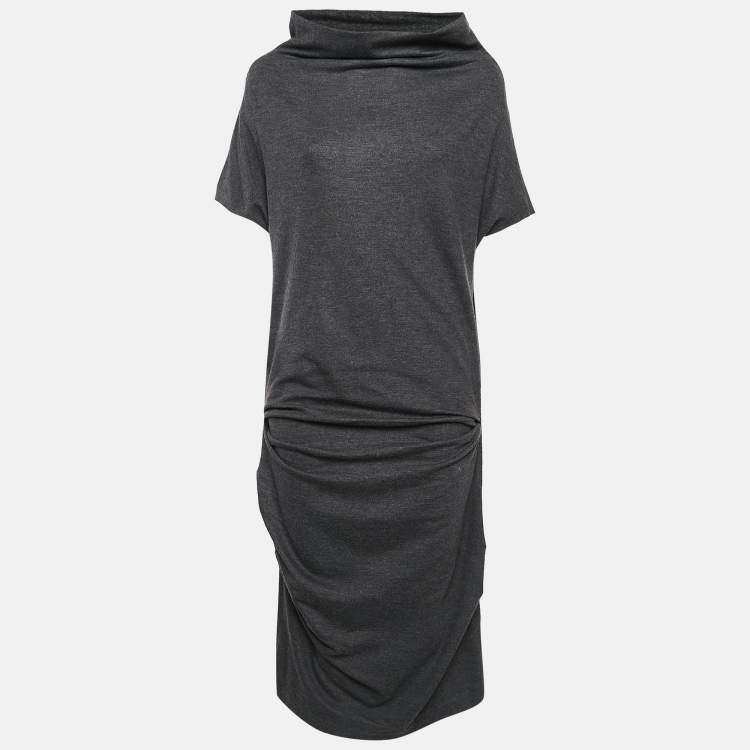 Pre Owned Brunello Cucinelli Grey Stretch Wool High Neck Ruche Detail Midi Dress M