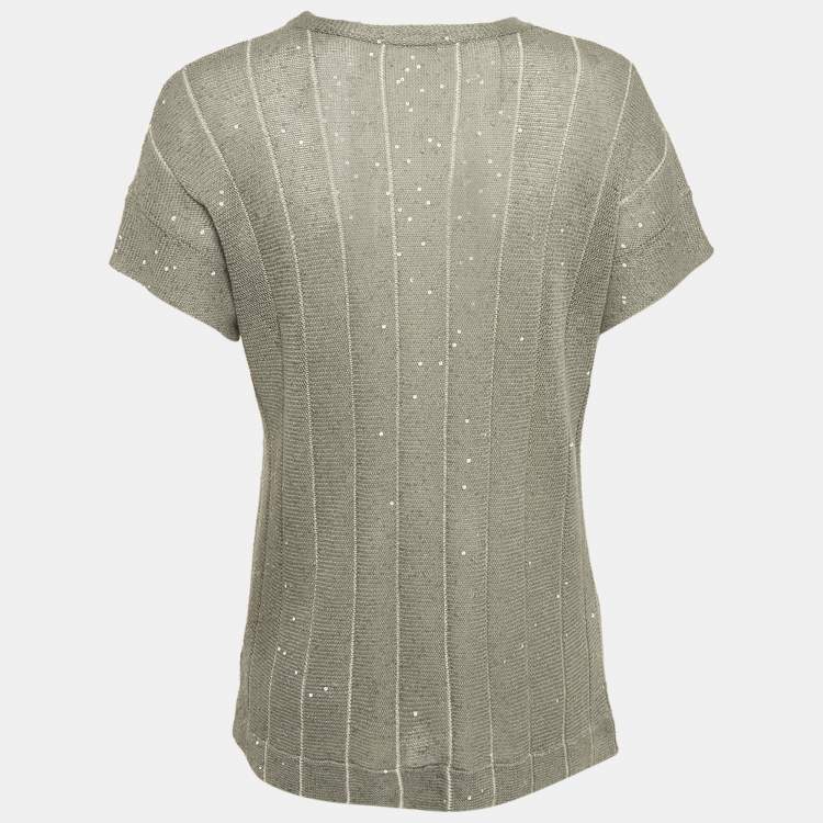 Pre Owned Brunello Cucinelli Grey Sequin Knit Sheer Top M