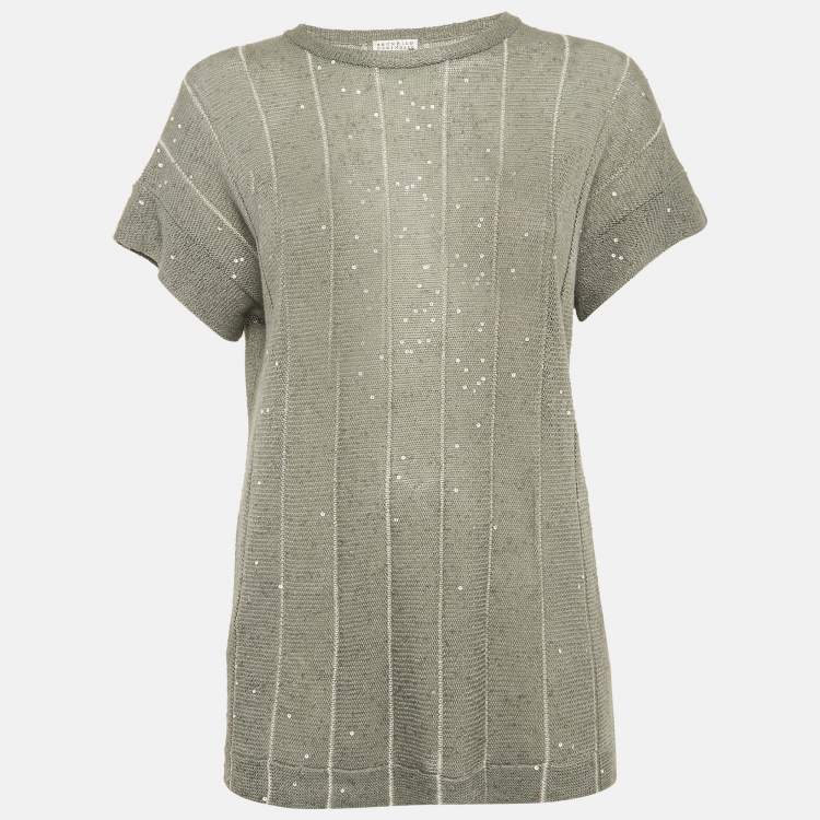 Pre Owned Brunello Cucinelli Grey Sequin Knit Sheer Top M