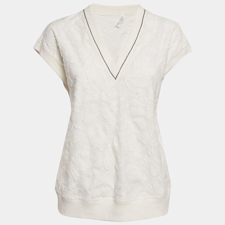 Pre Owned Brunello Cucinelli Off White Fil-coupe Jersey Monili Detail V-Neck Top L