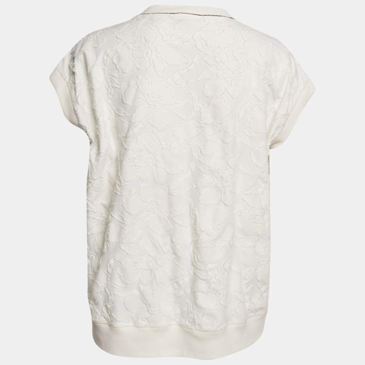 Pre Owned Brunello Cucinelli Off White Fil-coupe Jersey Monili Detail V-Neck Top L