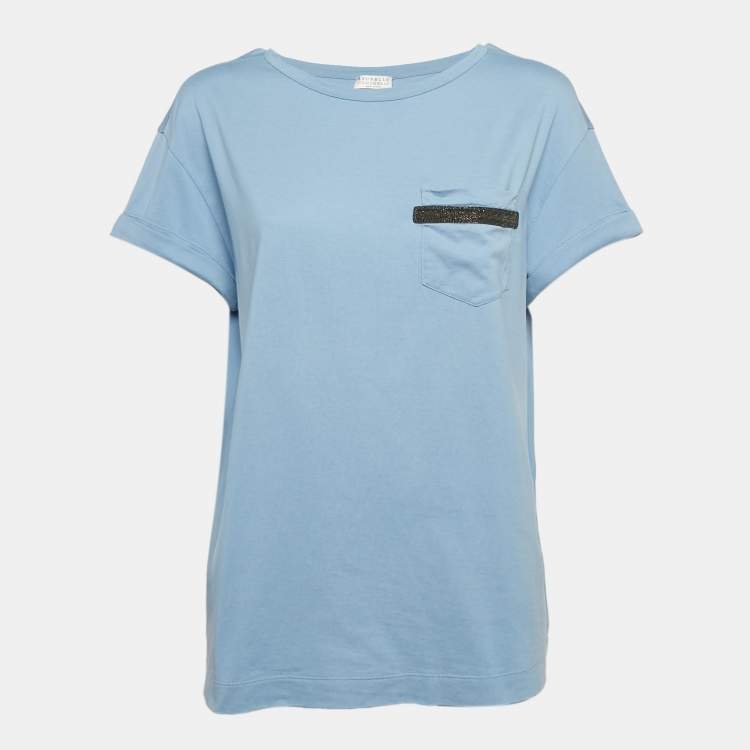 Pre Owned Brunello Cucinelli Blue Monili Embellished Jersey T-Shirt XS