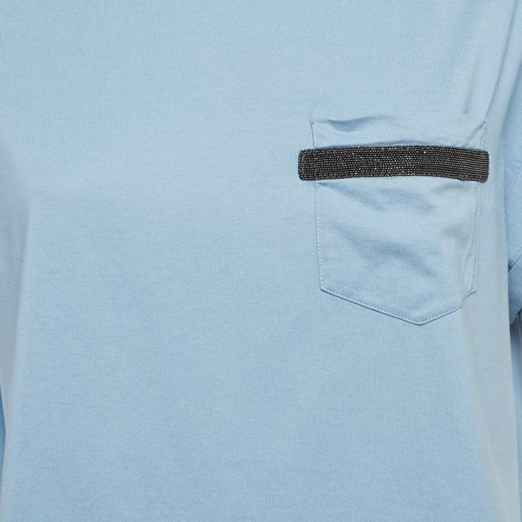 Pre Owned Brunello Cucinelli Blue Monili Embellished Jersey T-Shirt XS